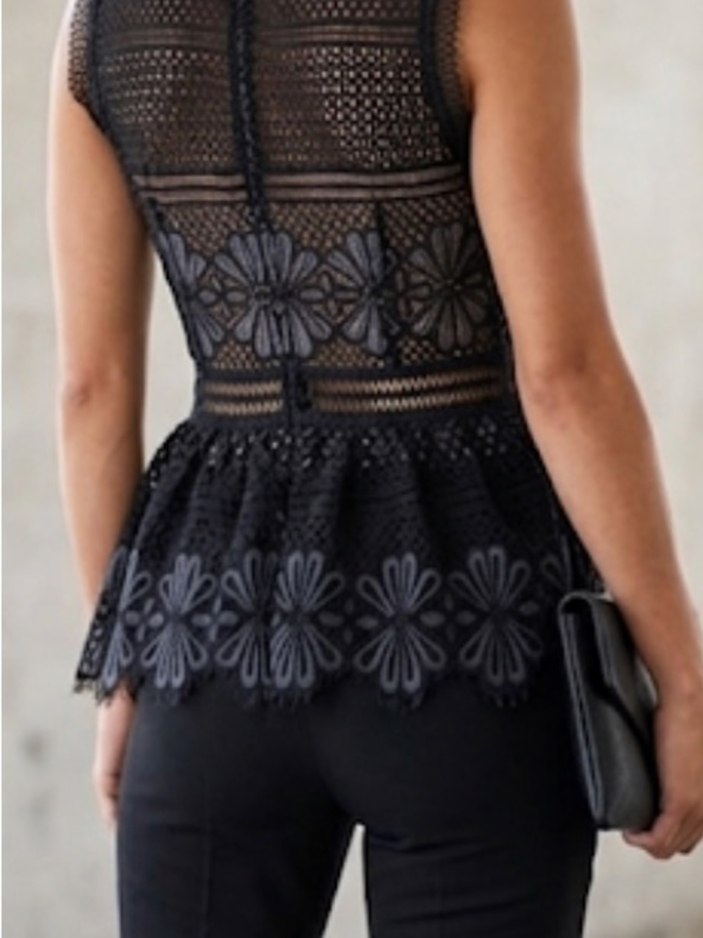 Black Lace Sleeveless Peplum Top - Floral Eyelet Detail
